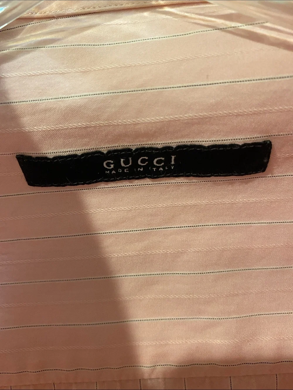 Gucci Pink Striped Long Sleeve Shirt with Black Logo Label.